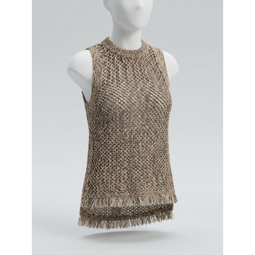 John + Jenn W S Bwn Metallic Open Knit Tank Top Fringe Hem Sleeveless Sweater